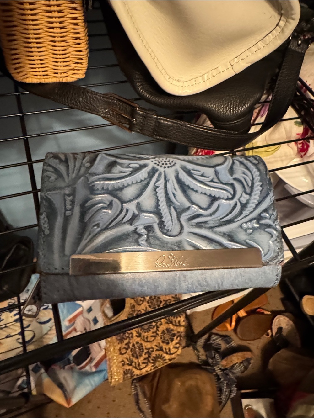 Patricia Nash Dusty Blue Tooled Leather Wallet with Silver Bar
